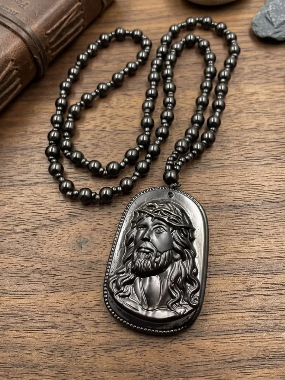 Black Jesus Pendant Beaded Resin Necklace